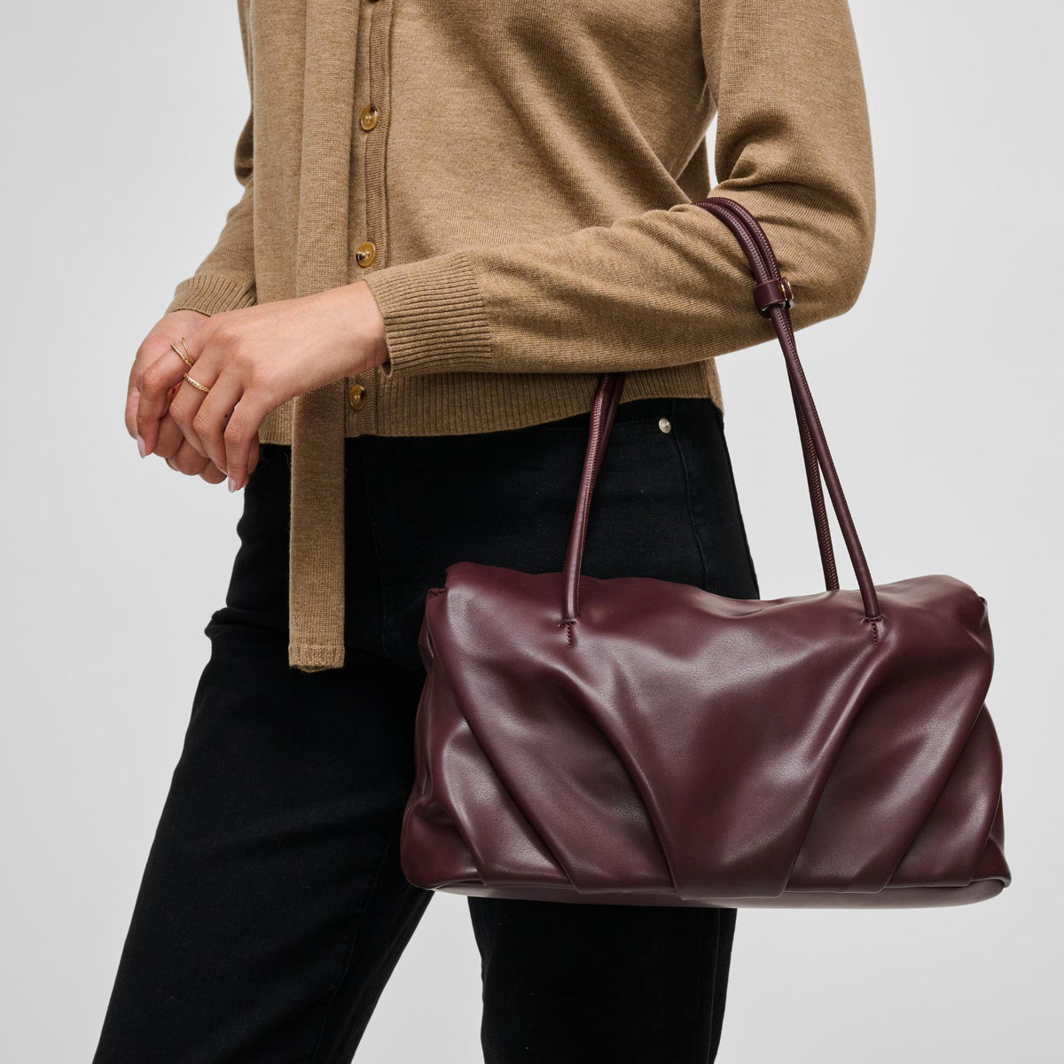 Woman wearing Burgundy Urban Expressions Ryker Satchel 840504213281 View 2 | Burgundy