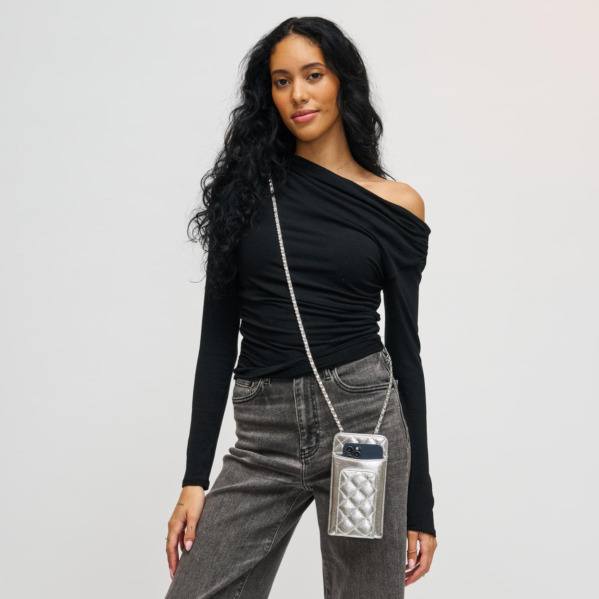 Woman wearing Silver Urban Expressions Brianna Cell Phone Crossbody 840504201370 View 1 | Silver