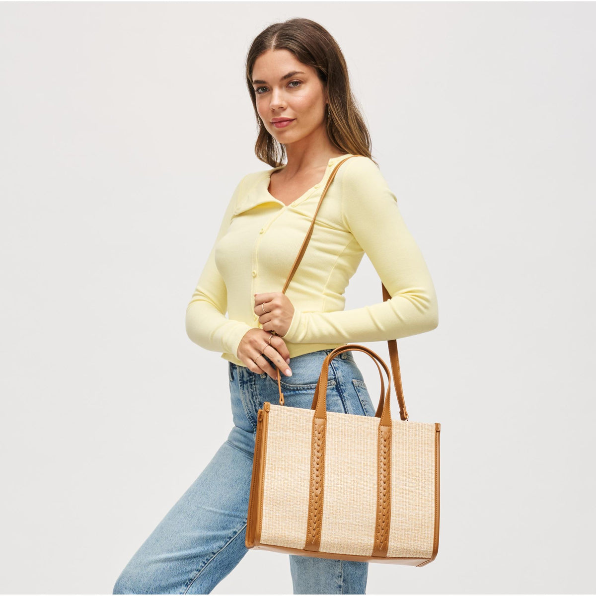 Woman wearing Tan Urban Expressions Svetlana Tote 840611196361 View 1 | Tan