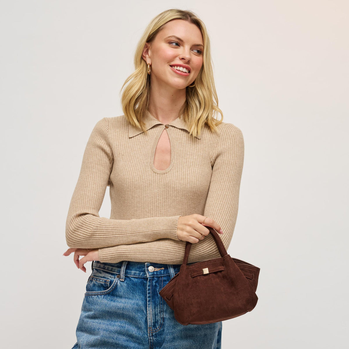 Woman wearing Chocolate Urban Expressions Selena - Faux Suede Crossbody 840611199201 View 2 | Chocolate