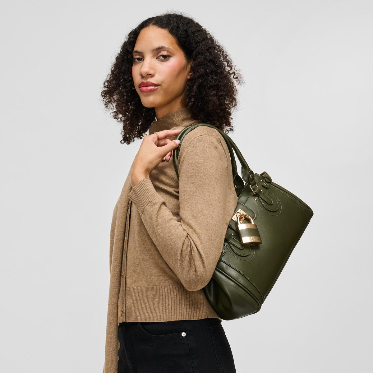 Woman wearing Olive Urban Expressions Moda Satchel 840504211683 View 3 | Olive