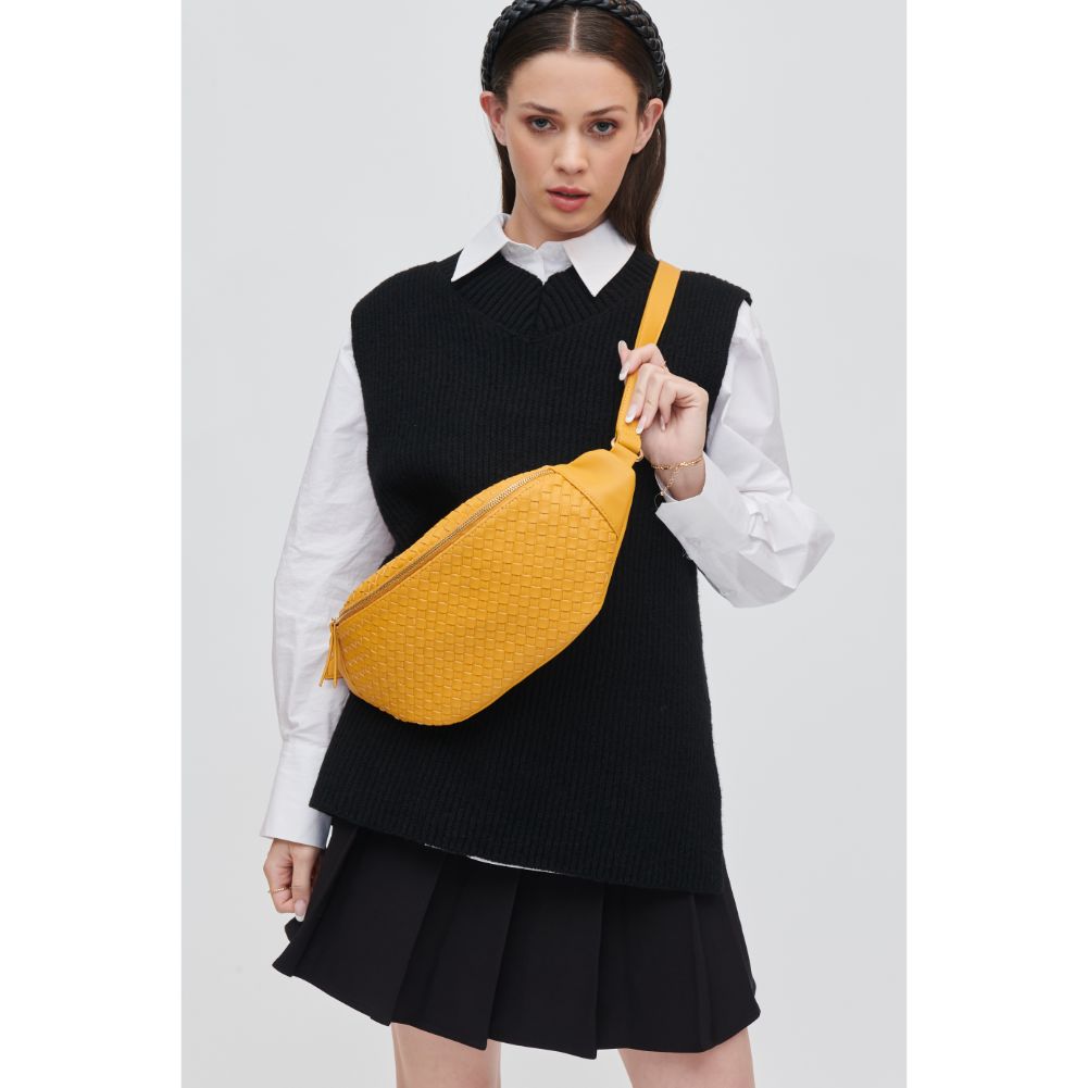 Woman wearing Mustard Urban Expressions Theos Belt Bag 840611107367 View 2 | Mustard