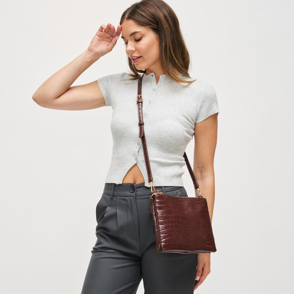 Woman wearing Chocolate Urban Expressions Judy Crossbody 840611199591 View 2 | Chocolate