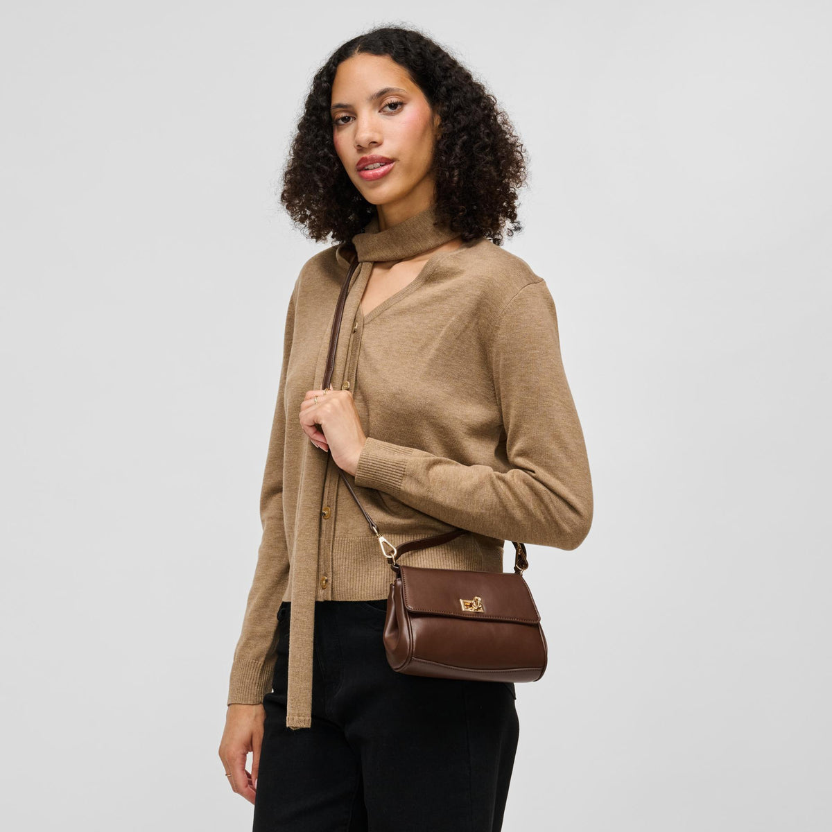 Woman wearing Chocolate Urban Expressions Estee Crossbody 840504214806 View 1 | Chocolate