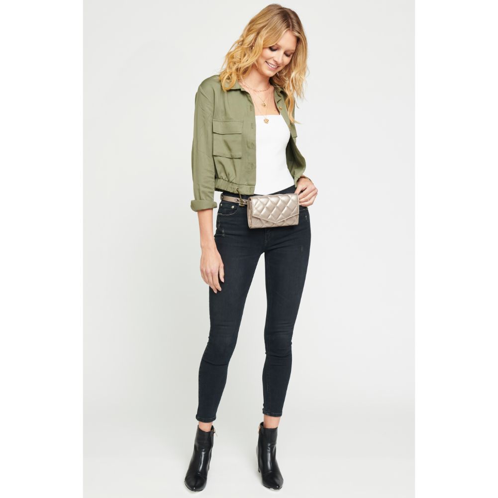 Woman wearing Pewter Urban Expressions Rhythm Belt Bag NA-840611154361 View 3 | Pewter