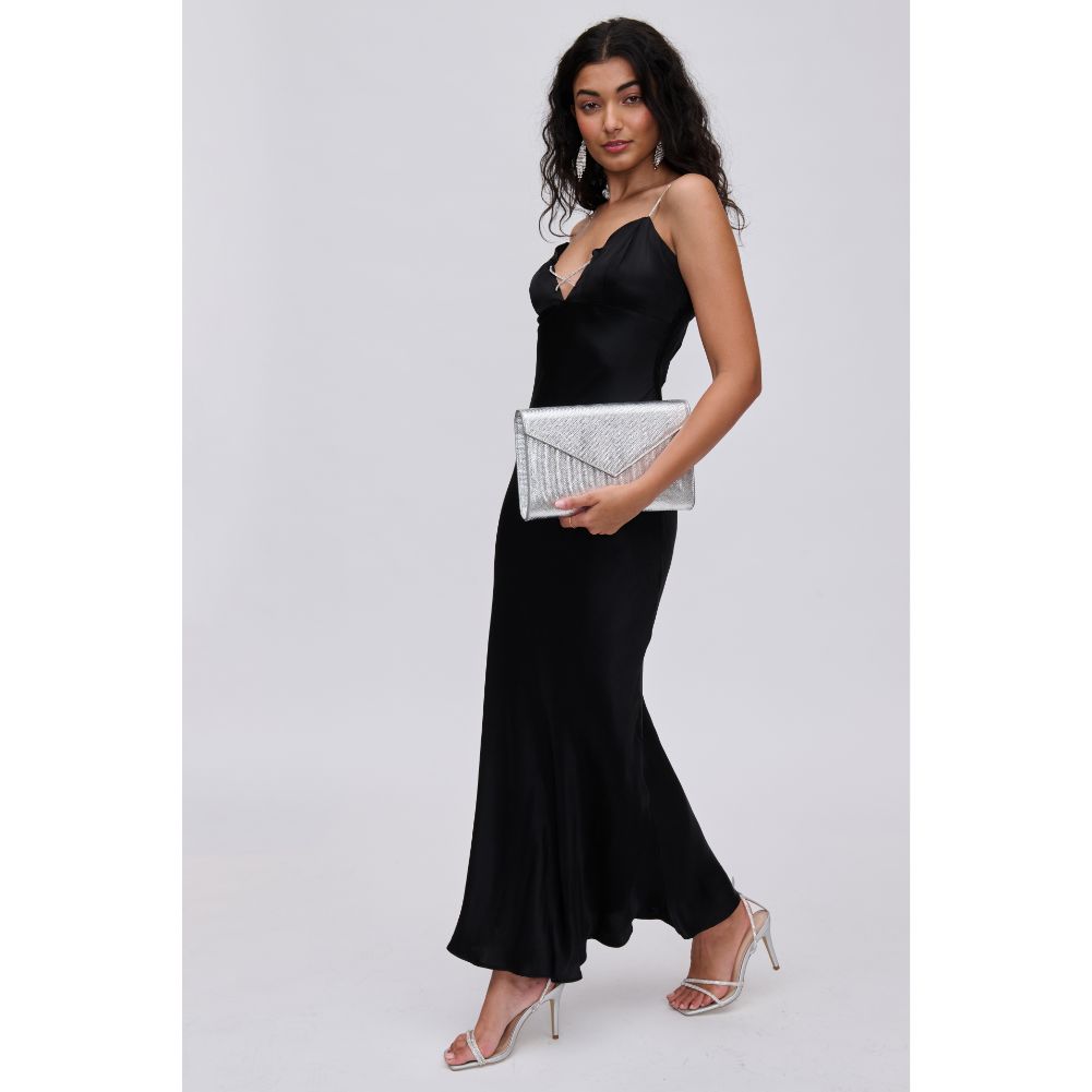 Woman wearing Silver Urban Expressions Riva Clutch 840611114556 View 3 | Silver
