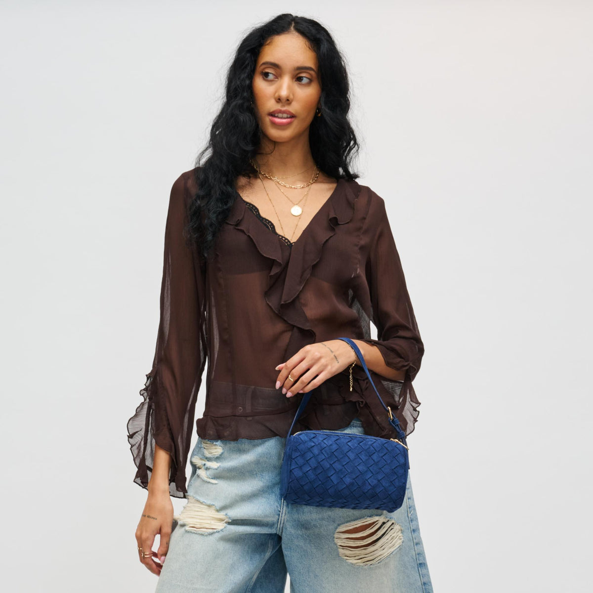 Woman wearing Midnight Urban Expressions Rose Shoulder Bag 840611199393 View 2 | Midnight