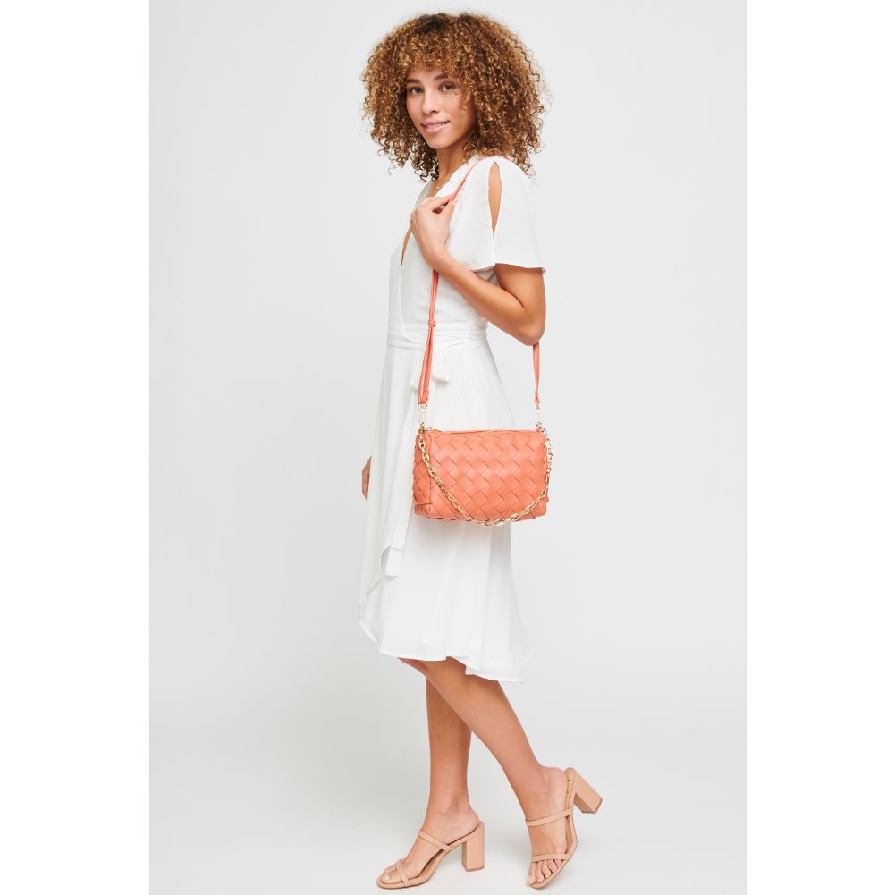 Woman wearing Coral Urban Expressions Elara Crossbody 840611179623 View 4 | Coral