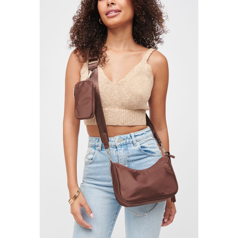 Woman wearing Chocolate Urban Expressions Joss - Nylon Crossbody 840611173225 View 1 | Chocolate