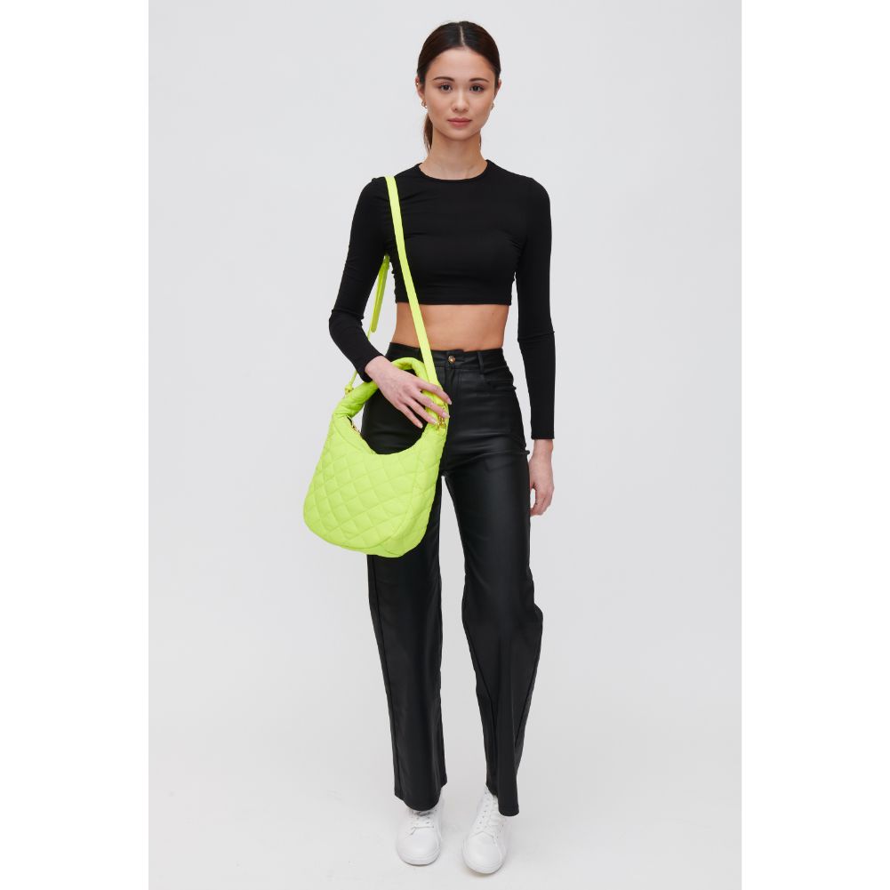 Woman wearing Neon Yellow Urban Expressions Sonoma - Quilted Nylon Hobo 840611118493 View 3 | Neon Yellow