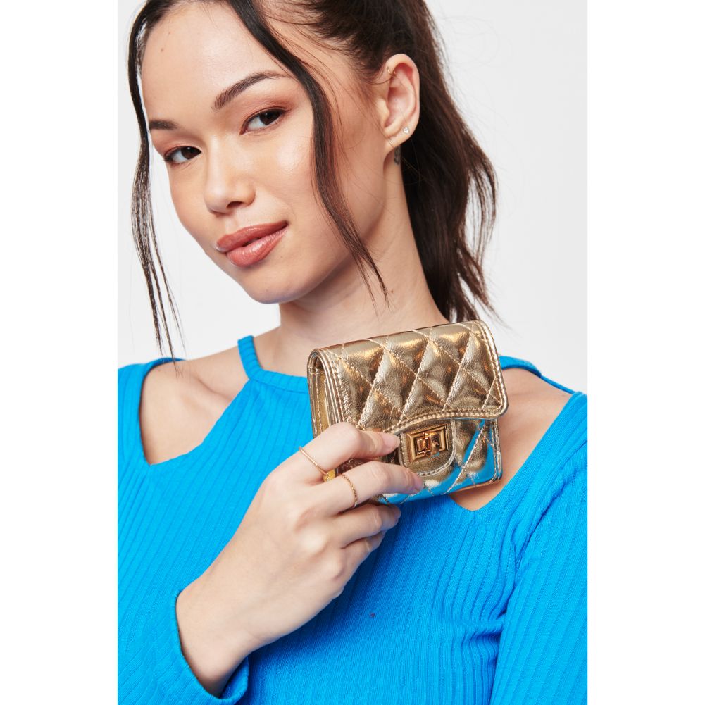 Woman wearing Gold Urban Expressions Shantel - Quilted Wallet 840611104779 View 2 | Gold