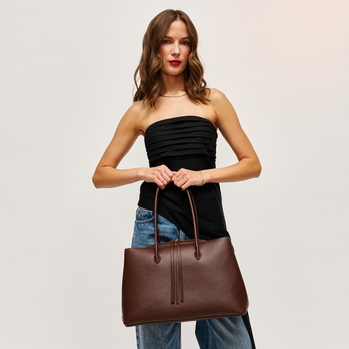 Woman wearing Chocolate Urban Expressions Sadie Satchel 840504205309 View 3 | Chocolate