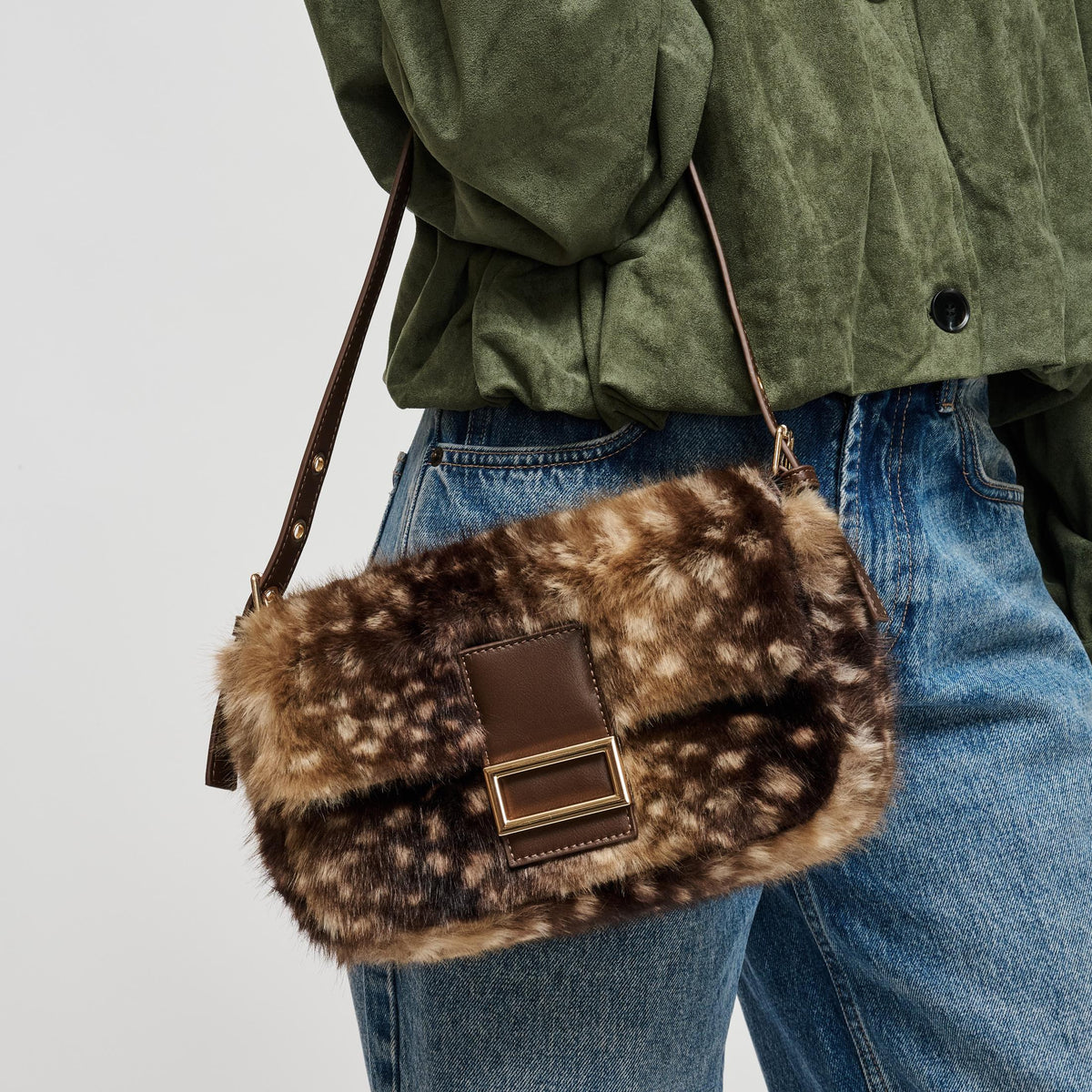Woman wearing Fawn Brown Urban Expressions Beverly - Faux Fur Crossbody 840504212444 View 1 | Fawn Brown