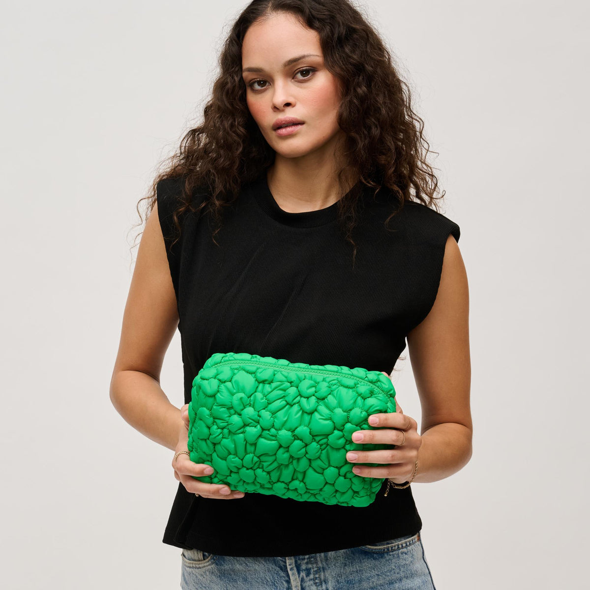 Woman wearing Kelly Green Urban Expressions Flora Pop - Nylon Cosmetic Pouch 840611144201 View 1 | Kelly Green