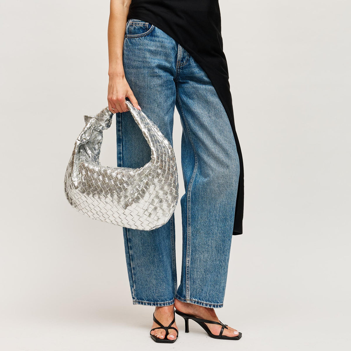 Woman wearing Silver Urban Expressions Dollie Hobo 840611128430 View 3 | Silver