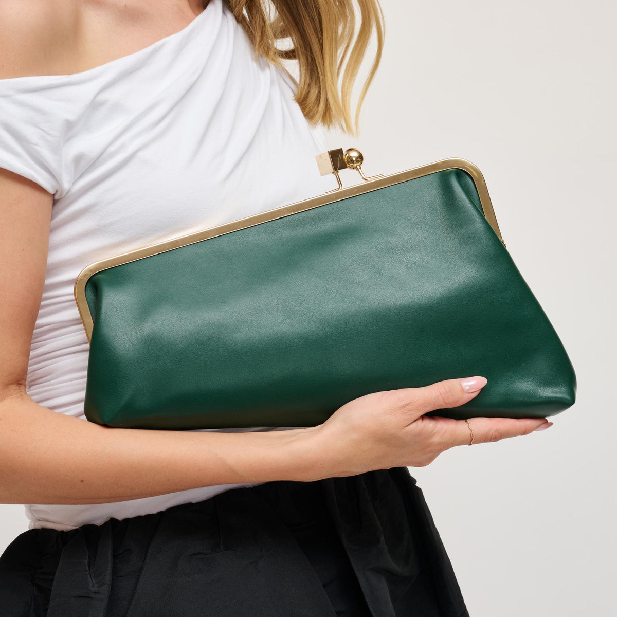 Woman wearing Emerald Urban Expressions Helena Clutch 840504200175 View 3 | Emerald
