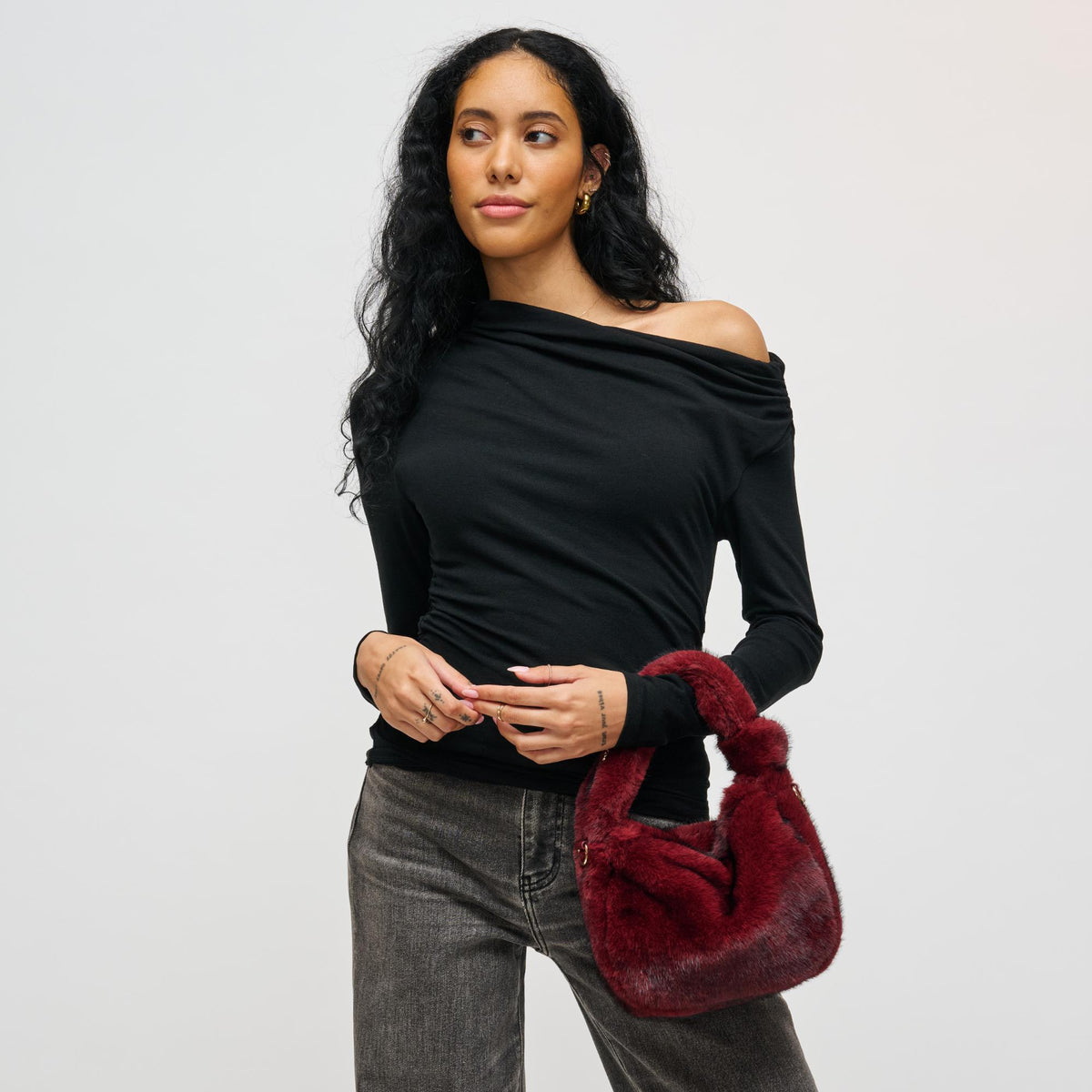 Woman wearing Burgundy Urban Expressions Monica - Faux Fur Crossbody 840611199546 View 2 | Burgundy