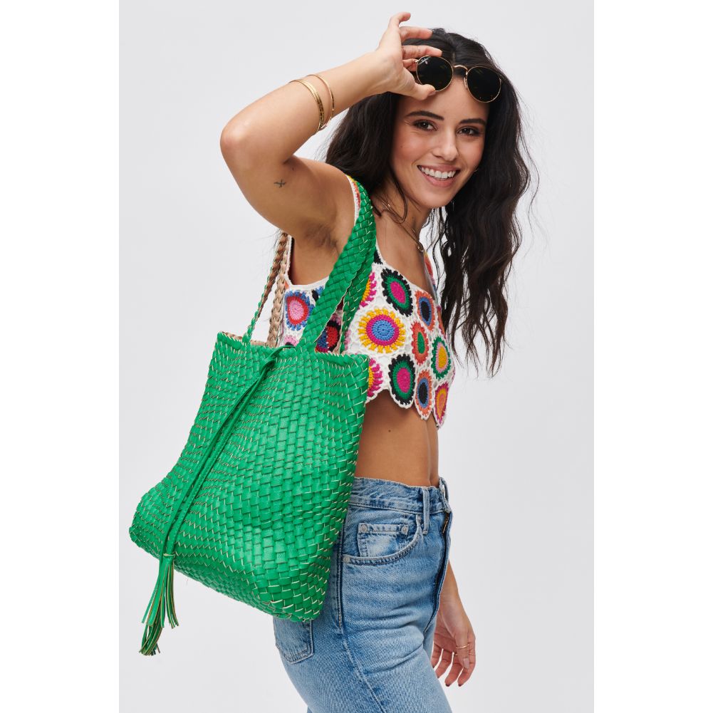 Woman wearing Green Natural Urban Expressions Wilhelmina Tote 840611106650 View 2 | Green Natural