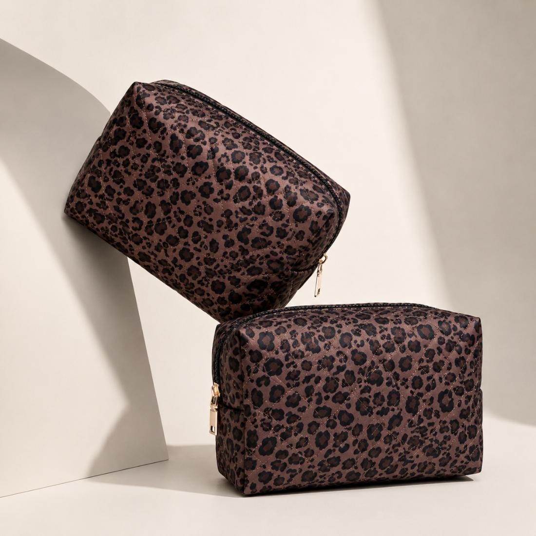 Woman wearing Chocolate Leopard Urban Essentials Safari Chic Cosmetic & Travel Organizer Pouch 840504209819 View 2 | Chocolate Leopard