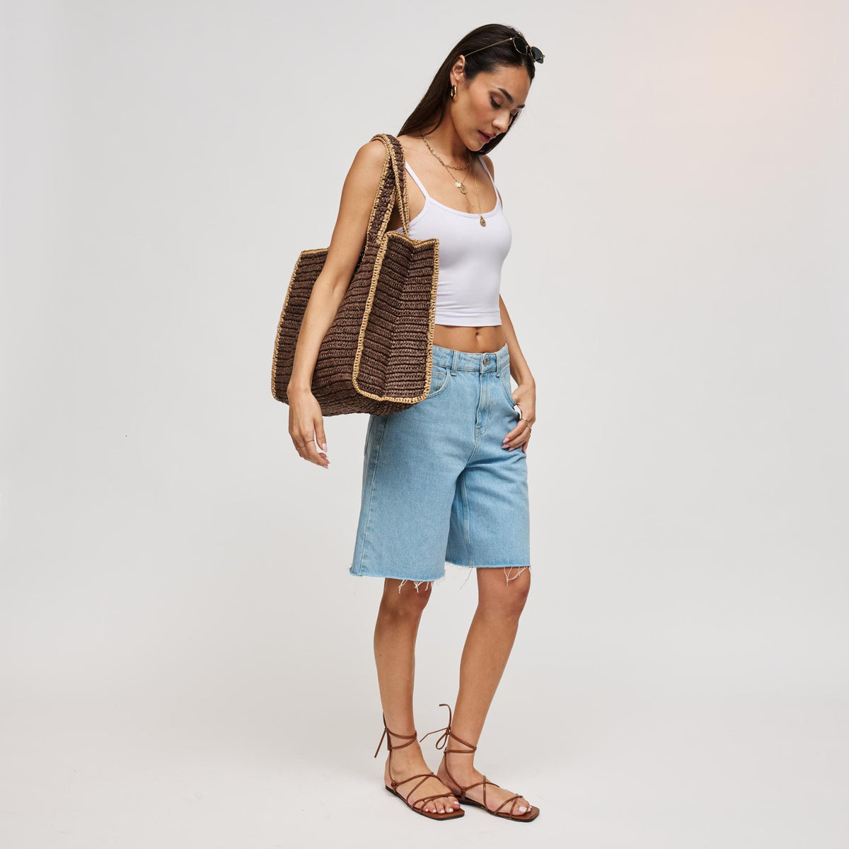 Woman wearing Chocolate Urban Expressions Enid Tote 840504211461 View 4 | Chocolate
