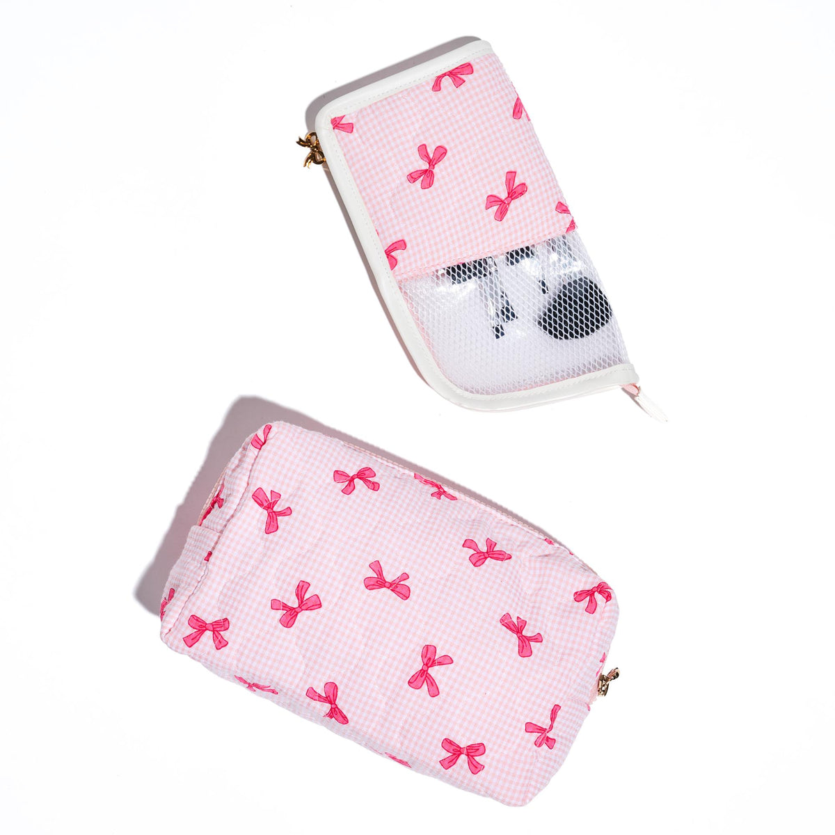 Woman wearing Pink Urban Essentials Bow & Tell Cosmetic & Travel Organizer Pouch 840611197801 View 2 | Pink