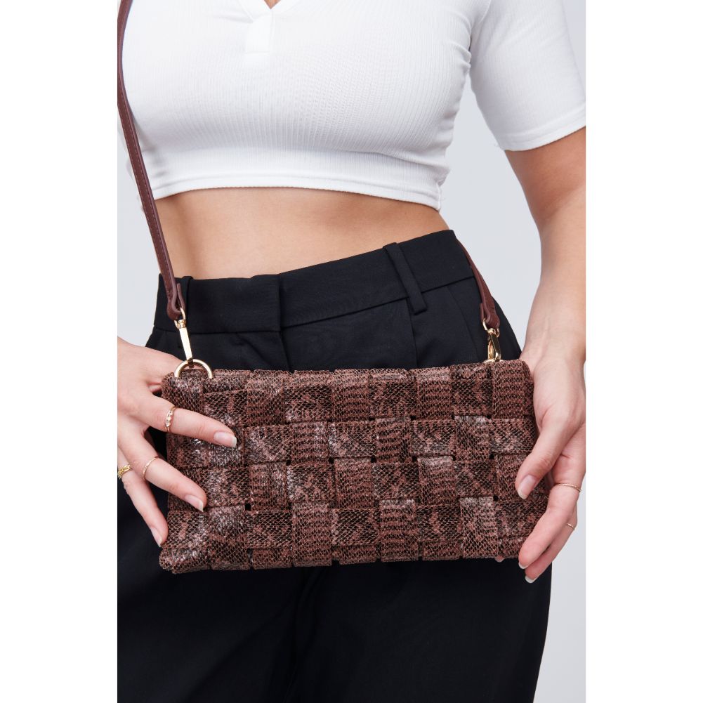Woman wearing Chocolate Urban Expressions Malika Clutch 818209010443 View 1 | Chocolate