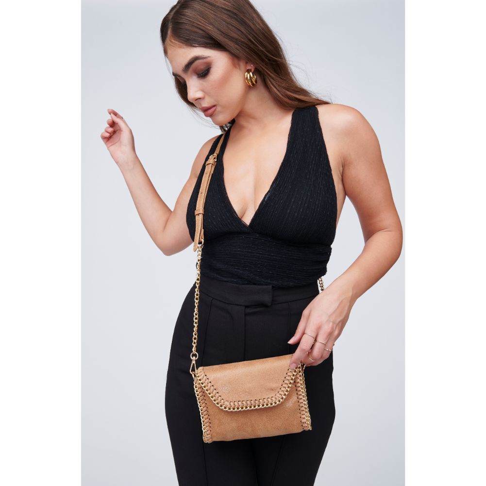 Woman wearing Camel Urban Expressions Felicia Crossbody 818209011525 View 2 | Camel