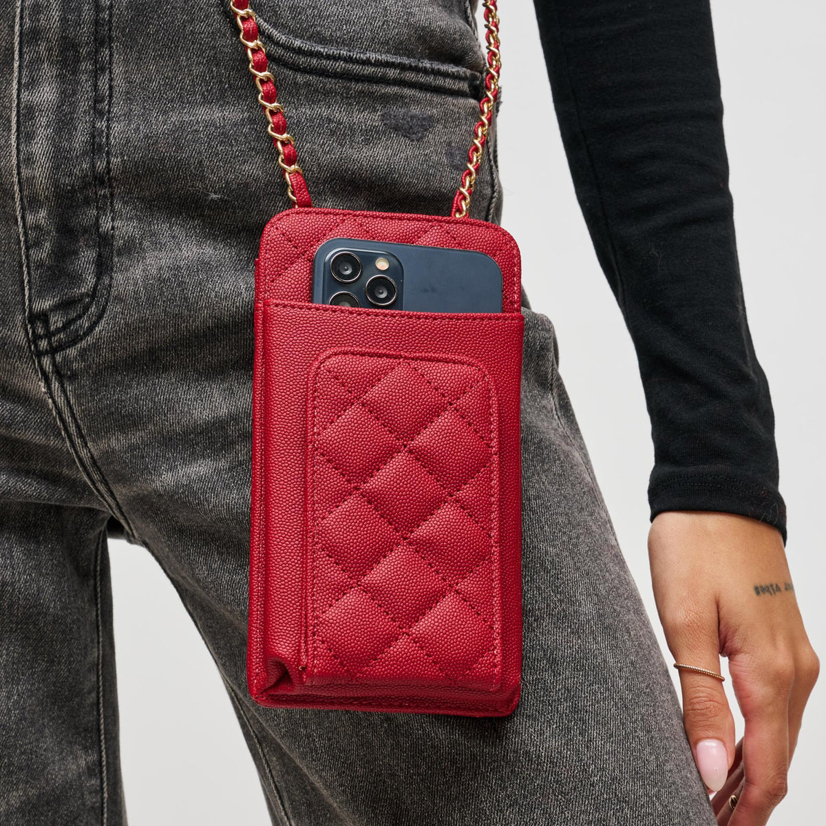 Woman wearing Red Urban Expressions Brianna Cell Phone Crossbody 840504201387 View 3 | Red