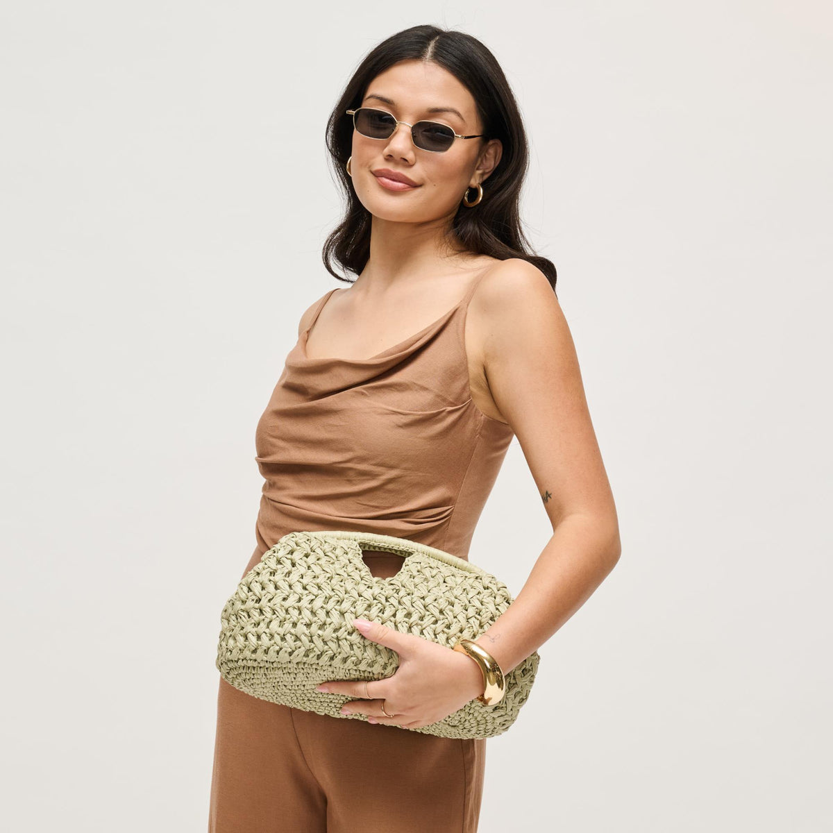 Woman wearing Sage Urban Expressions Abigail Crossbody 840504204135 View 4 | Sage