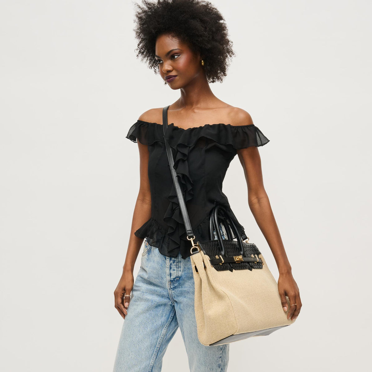 Woman wearing Natural Black Urban Expressions Bertha Satchel 840611133823 View 2 | Natural Black