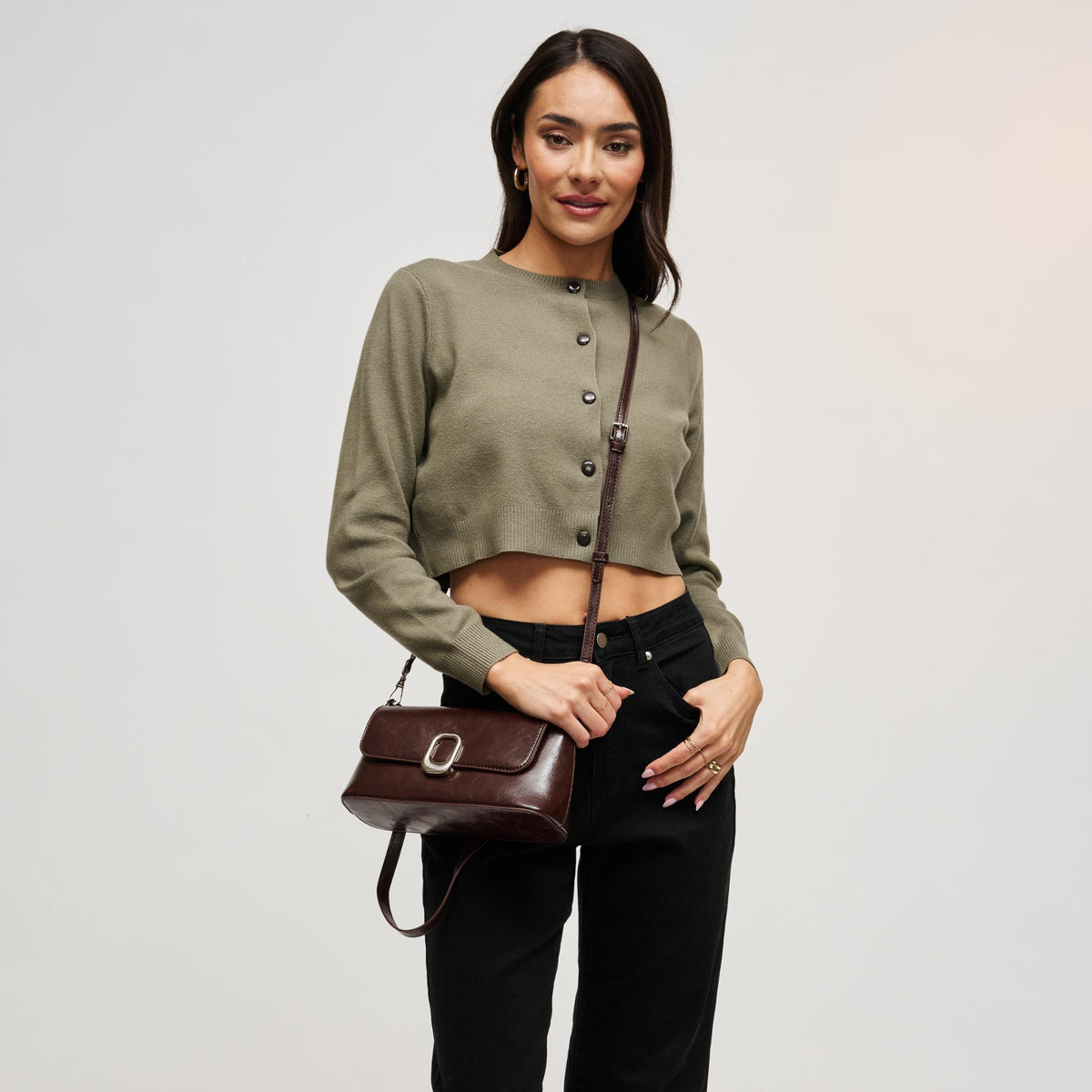 Woman wearing Espresso Urban Expressions Larek Crossbody 840504212338 View 3 | Espresso