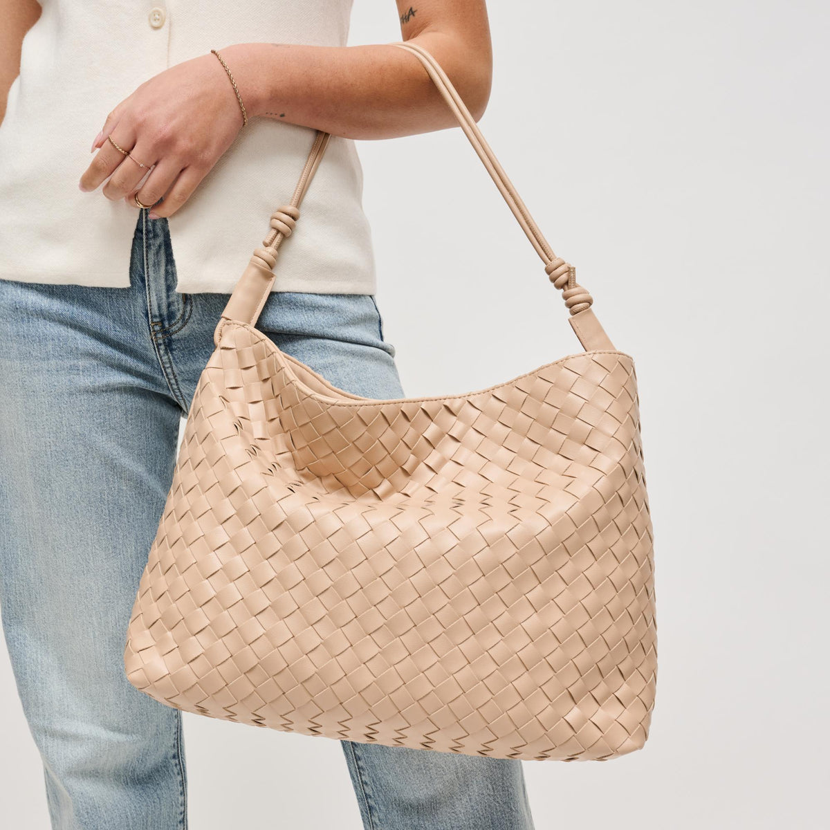 Woman wearing Almond Urban Expressions Theo Hobo 840504205606 View 1 | Almond