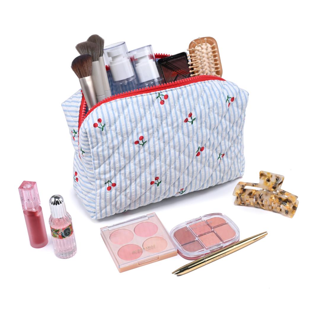 Woman wearing Blue Cherry Urban Essentials Cherry Lane Cosmetic & Travel Organizer Pouch 840611196941 View 3 | Blue Cherry