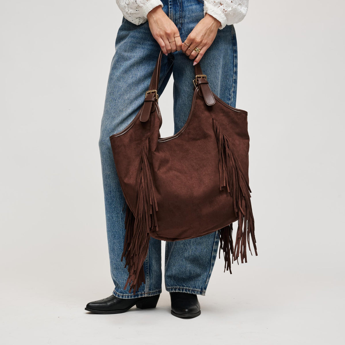 Woman wearing Chocolate Urban Expressions Nyxie Tote 840504211553 View 3 | Chocolate