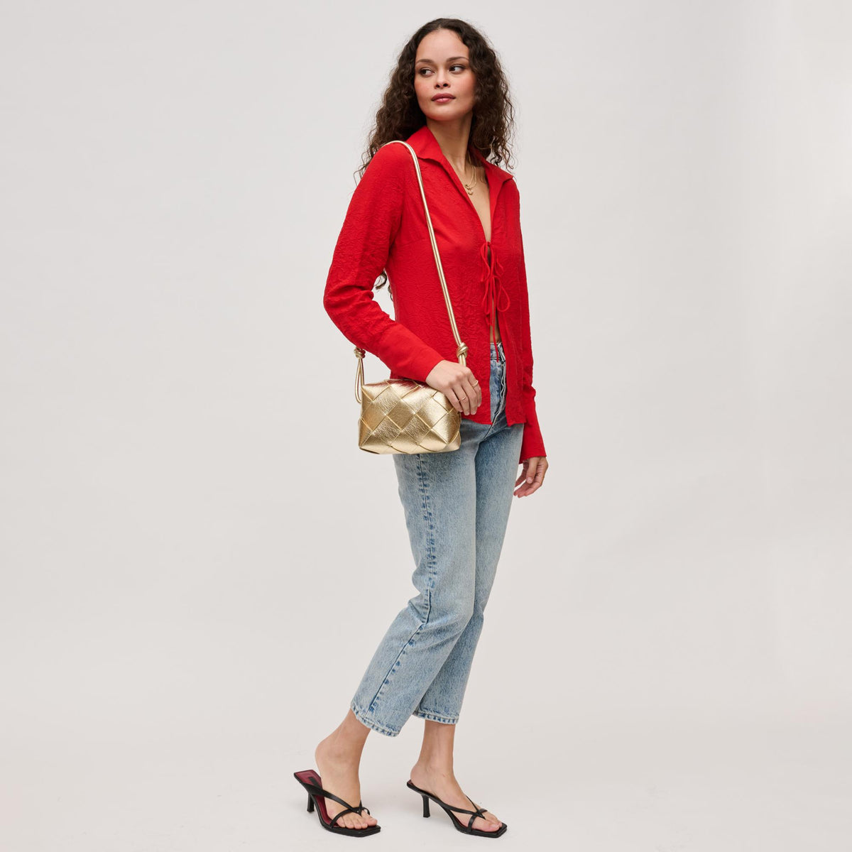 Woman wearing Gold Urban Expressions Kennedy Crossbody 840611124180 View 3 | Gold