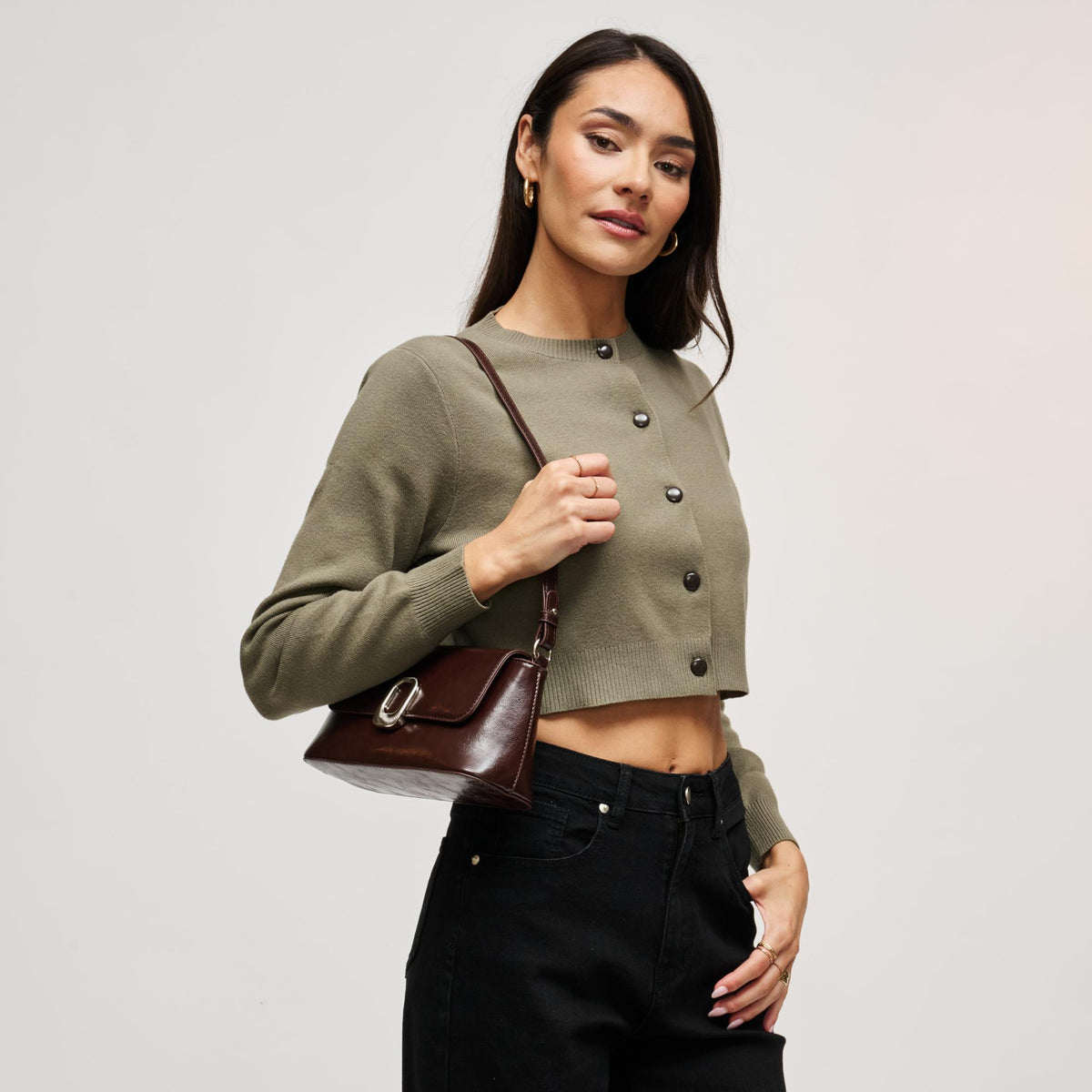 Woman wearing Espresso Urban Expressions Larek Crossbody 840504212338 View 2 | Espresso