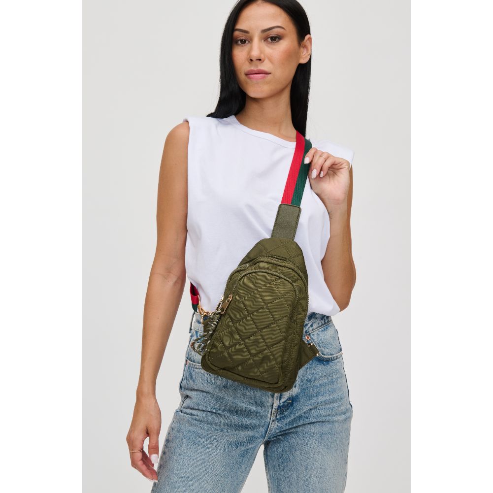 Woman wearing Olive Urban Expressions Ace - Quilted Nylon Sling Backpack 840611101693 View 1 | Olive