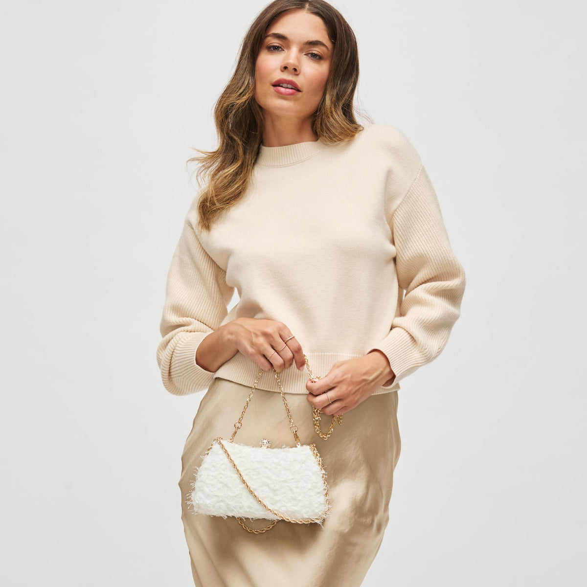 Woman wearing Ivory Urban Expressions Maxi Evening Bag 840611198754 View 3 | Ivory