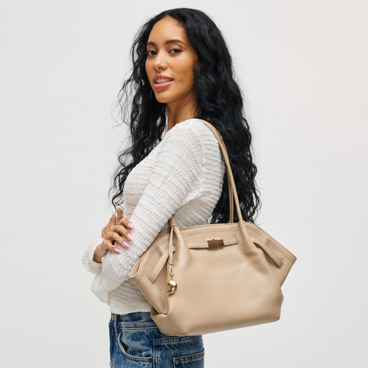 Woman wearing Almond Urban Expressions Monroe Satchel 840504200823 View 2 | Almond
