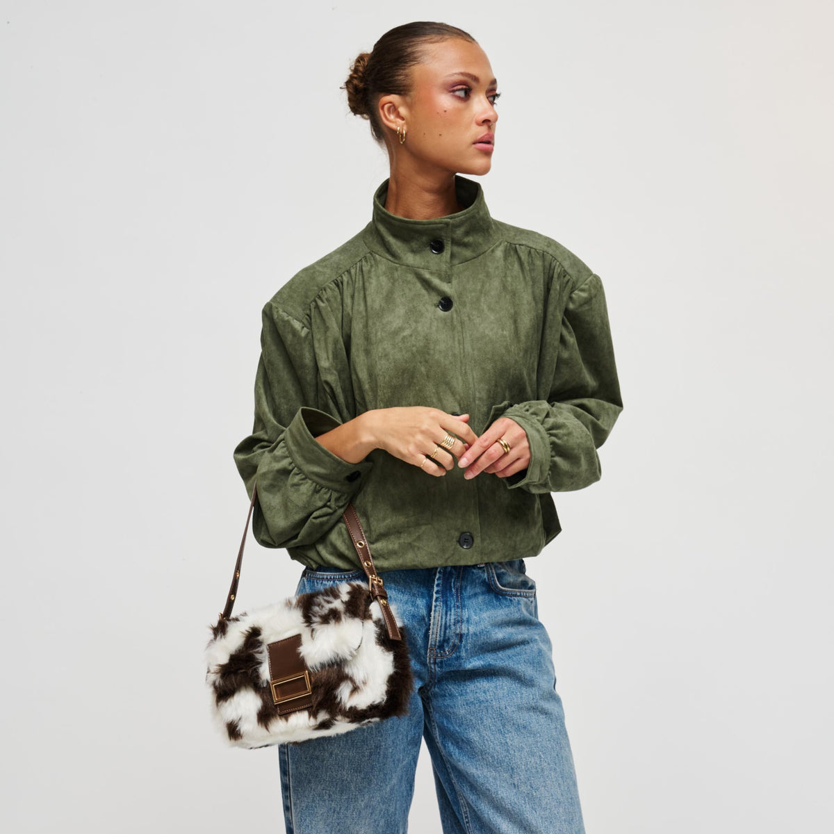 Woman wearing Cow Urban Expressions Beverly - Faux Fur Crossbody 840504212468 View 3 | Cow