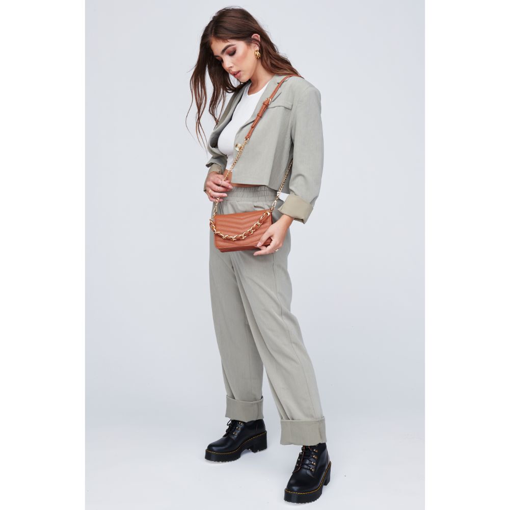 Woman wearing Tan Urban Expressions Genny - Chevron Stitch Crossbody 818209011082 View 3 | Tan