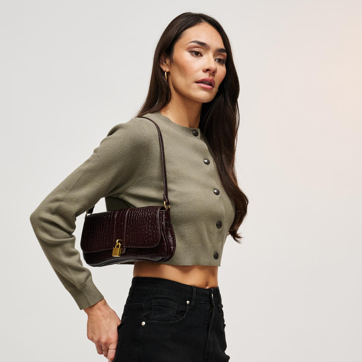 Woman wearing Chocolate Urban Expressions Marsilee Shoulder Bag 840504212260 View 3 | Chocolate
