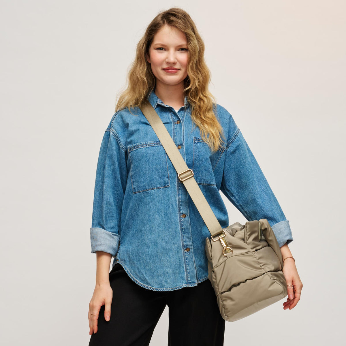 Woman wearing Sage Urban Expressions Mia Tote 840504204265 View 2 | Sage