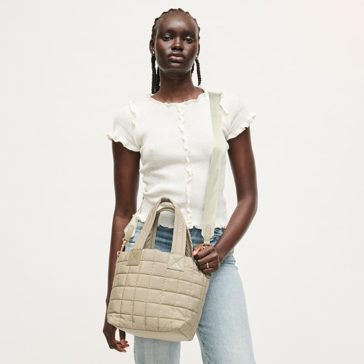 Woman wearing Sage Urban Expressions Lumina Tote 840504205989 View 1 | Sage