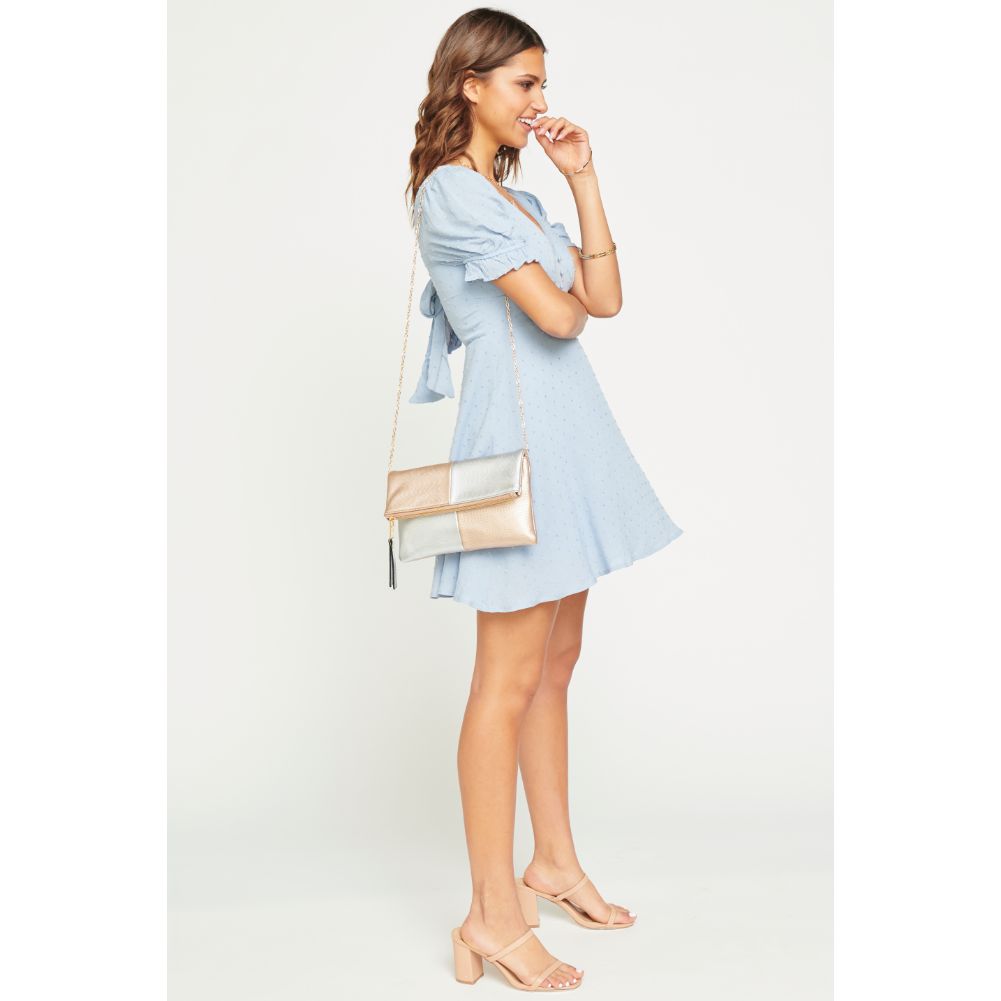 Woman wearing Rose Gold Silver Urban Expressions Soraya Clutch NA-840611146793 View 2 | Rose Gold Silver