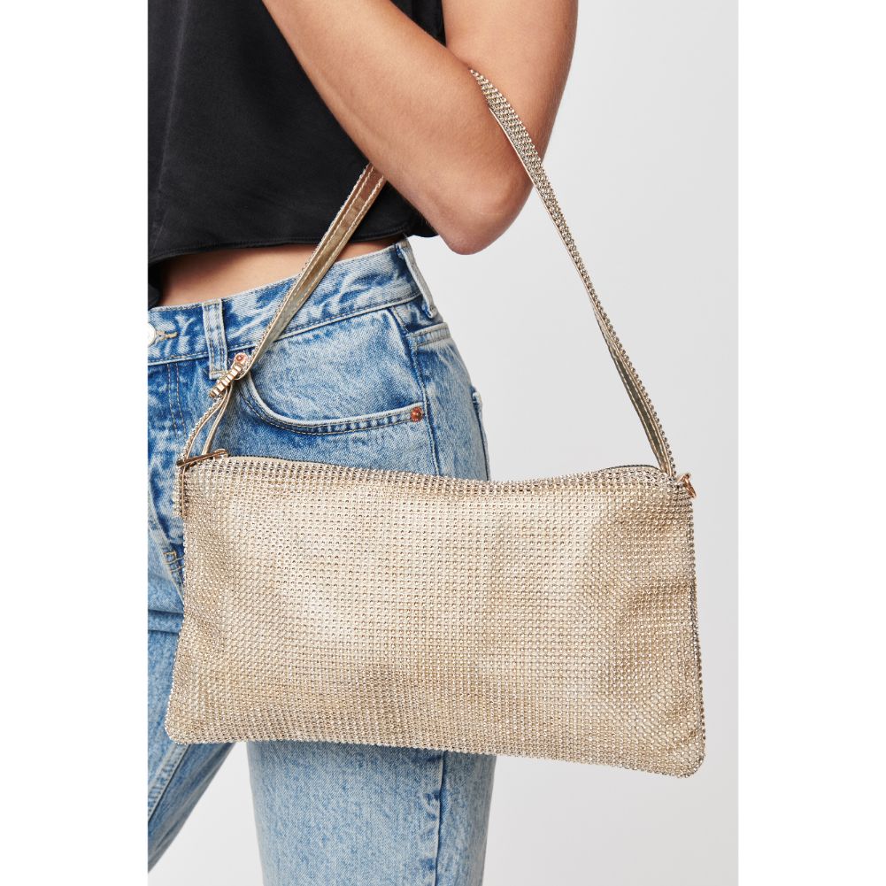 Woman wearing Gold Urban Expressions Glenda Evening Bag 840611104892 View 4 | Gold