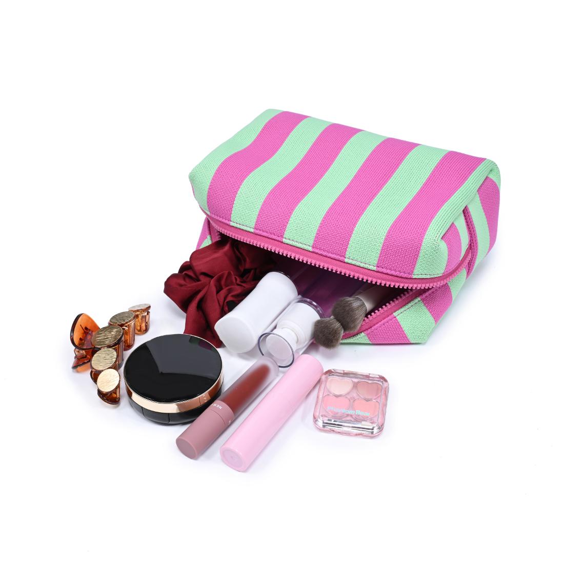Woman wearing Mint Pink Urban Essentials Essential Stripe Cosmetic & Travel Organizer Pouch 840504207433 View 1 | Mint Pink