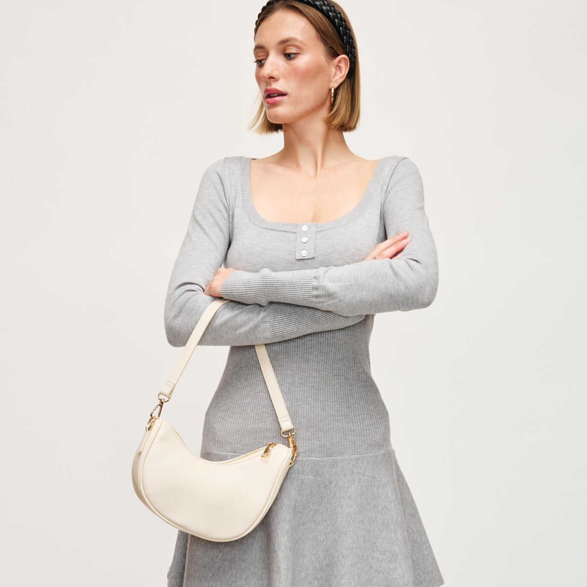 Woman wearing Oatmilk Urban Expressions Mila Crossbody 840611154309 View 1 | Oatmilk