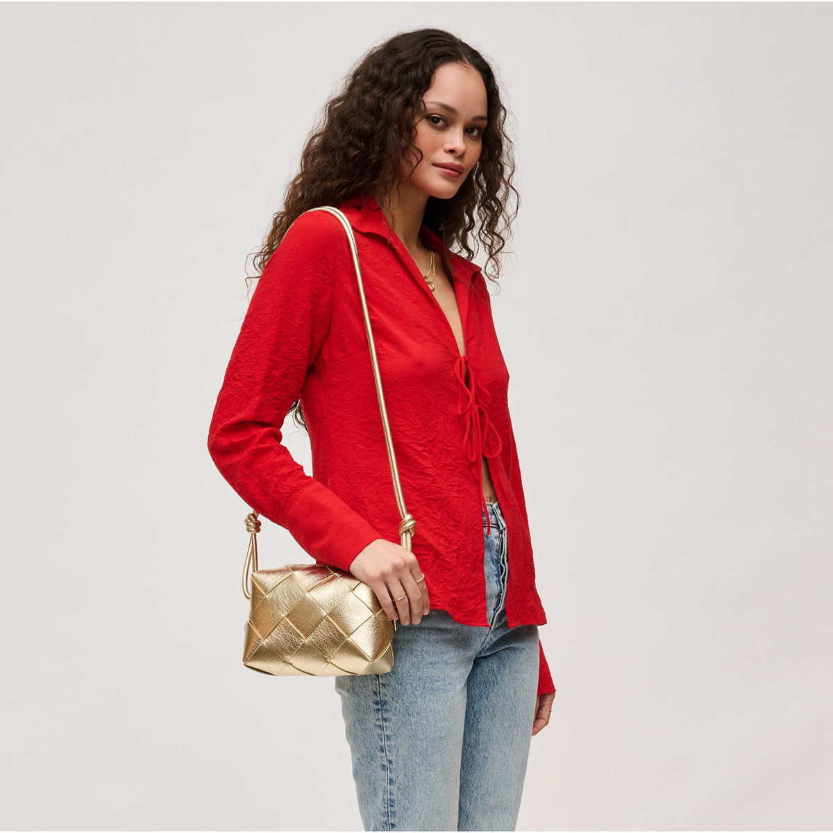 Woman wearing Gold Urban Expressions Kennedy Crossbody 840611124180 View 2 | Gold