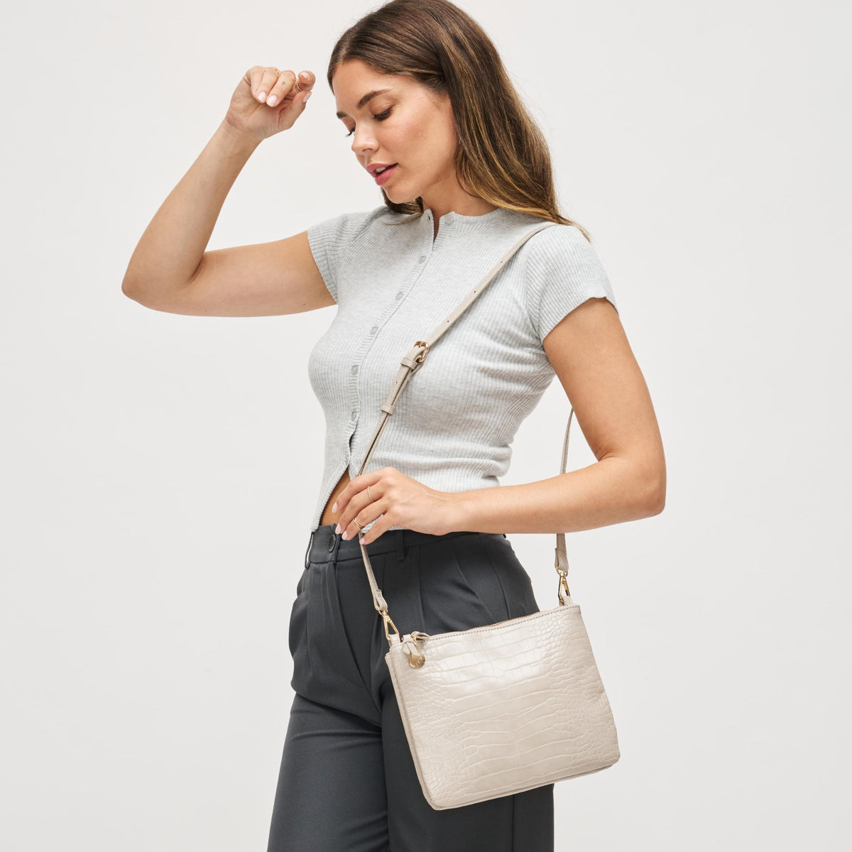 Woman wearing Bone Urban Expressions Judy Crossbody 840611199607 View 1 | Bone